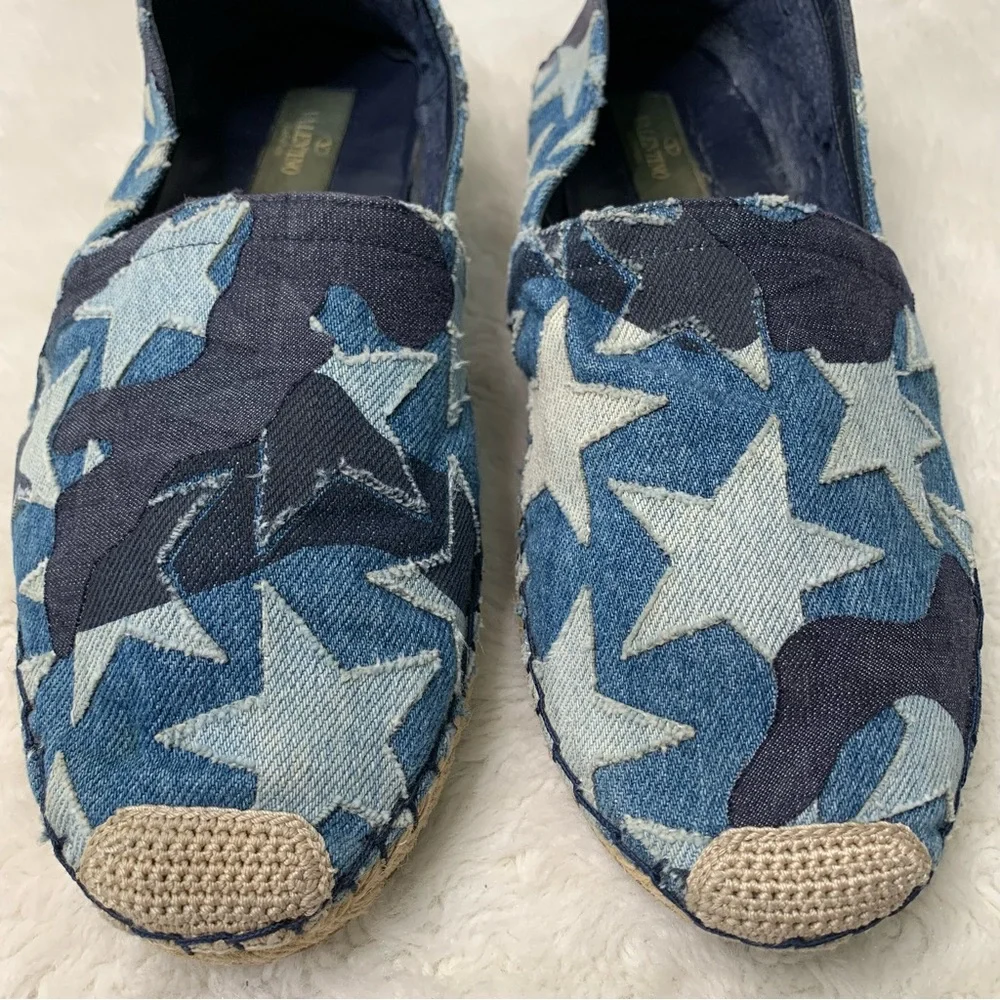 Valentino Garavani Women's Blue Star Print Denim Espadrilles Flats Shoes Size 40
